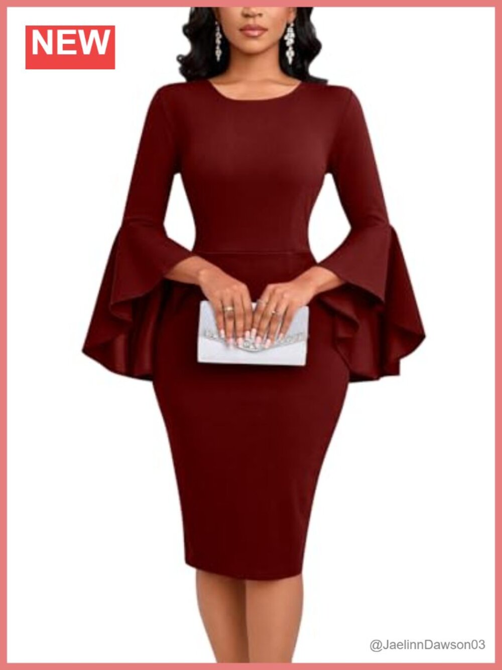 Women's Bodycon Pencil Dress Ruffle Bell Sleeves Knee Length Cocktail Party Work
